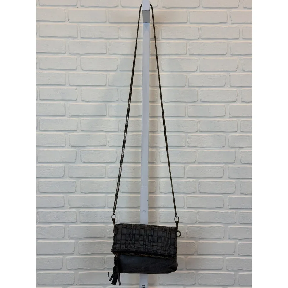 Deux Lux Woven Foldover Crossbody Bag Black Chain Strap